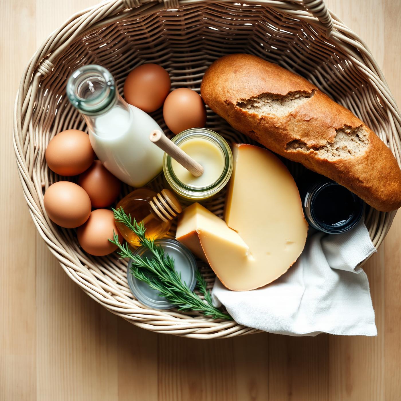 A wicker basket of farm-fresh eggs, milk, bread, cheese, and honey