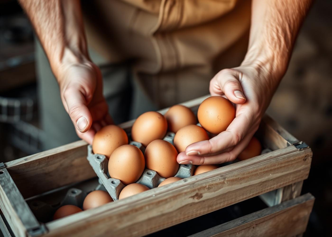 Farmer holding a crate of fresh brown eggs